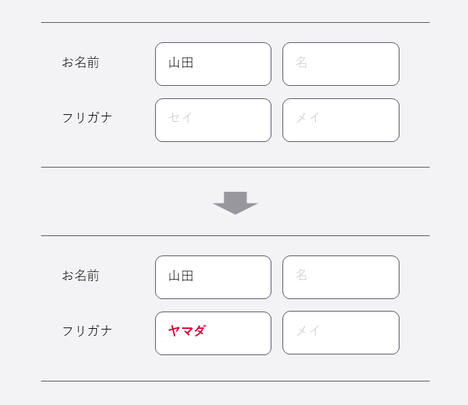 苗字を漢字で入力しただけで、カタカナの苗字も同時に表示される、入力補助機能のあるUI