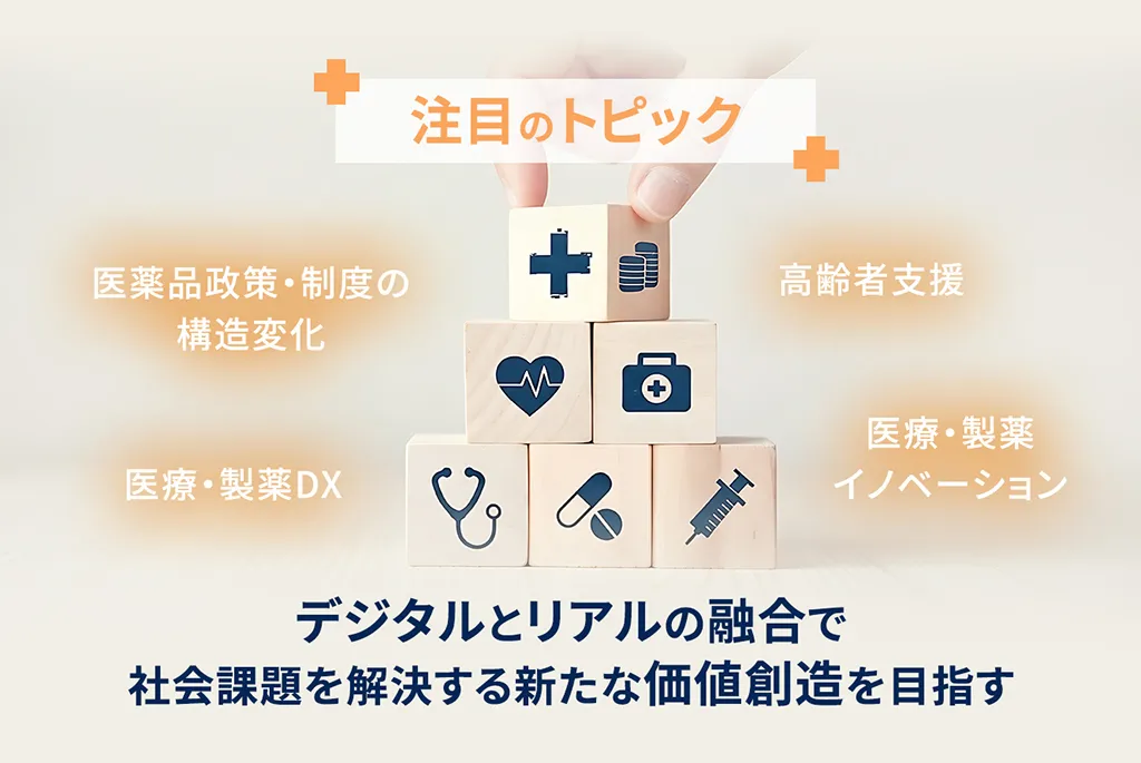 注目のトピック　医薬品政策・制度の構造変化 高齢者支援 医療・製薬DX 医療・製薬イノベーション　デジタルとリアルの融合で社会課題を解決する新たな価値創造を目指す